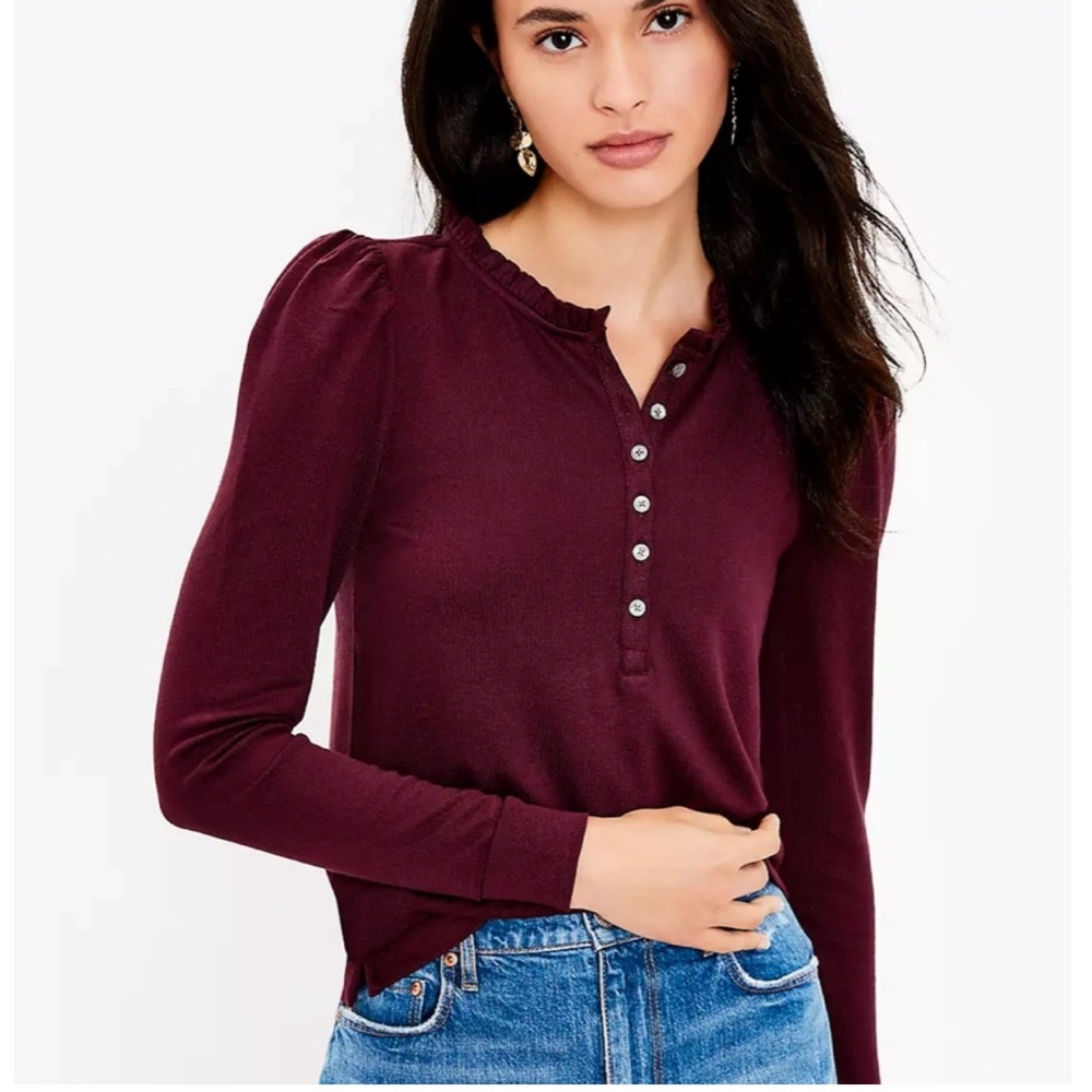 LOFT Puff Sleeve Henley Top Size Large